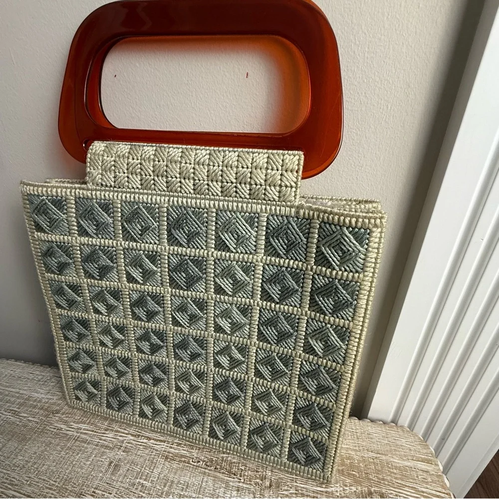 Vintage Cream and Gray Tote with Lucite Handles - Picture 3 of 16